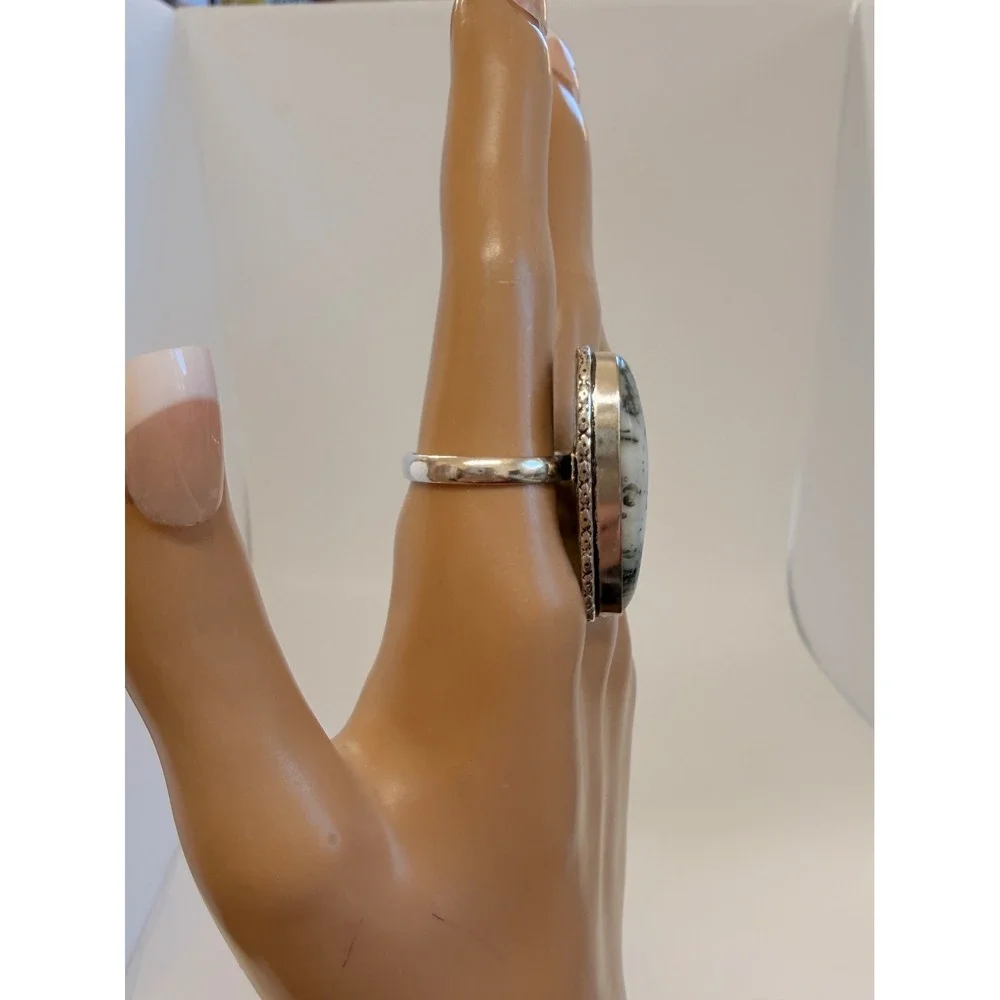 Large Moss Agate Teardrop Statement Ring Silver plated Size 9‎ Boho Nature